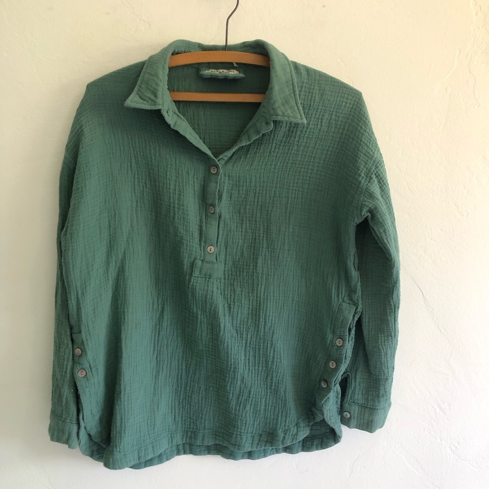 Paparazzi  Blouse Women's Small Green Collar Long Sleeve Boho Lagenlook